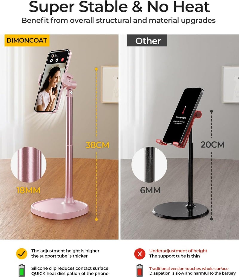 DIMONCOAT Cell Phone Stand for Desk, Stocking Stuffers Gifts for Teens Girls Boys Adults，Phone Holder Angle Height Adjustable, Aluminum Alloy Universal iPhone Stand for iPhone 17 16 15 Pro Max -Pink - Image 3
